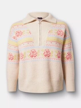 Torrid Sweater 3X Vegan Cashmere Pullover Top 1/2 Zip Floral Fair-isle Plus Size